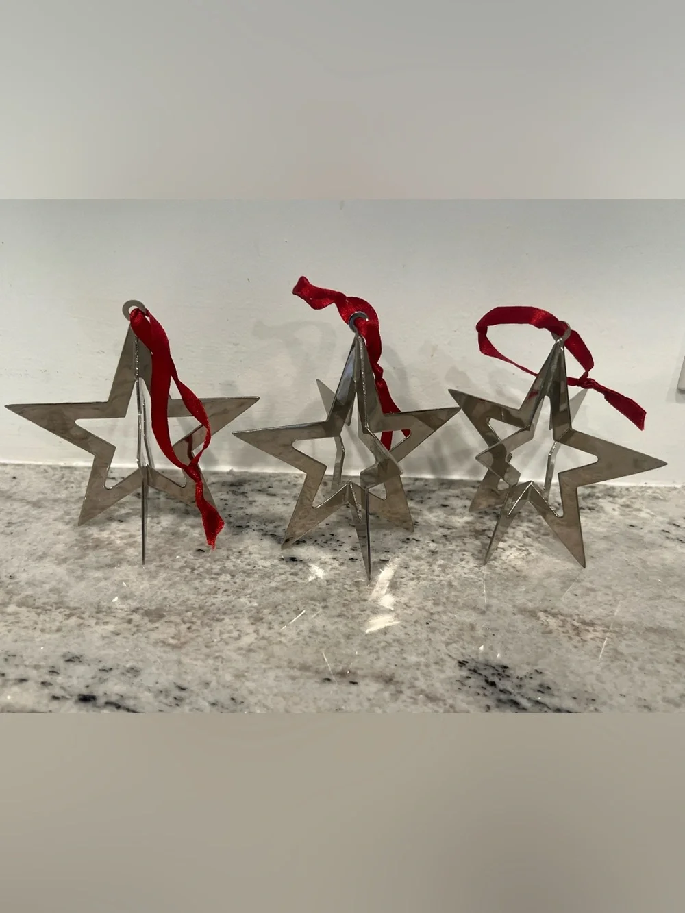 3 restoration hardware 3d Metal Star Holiday Ornament with Red Ribbon RARE